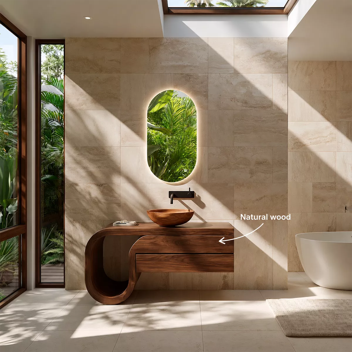 Floating Walnut Wood Bathroom Vanity With Curved U Frame And Hidden Drawer Storage - Livewoodcraft - 11