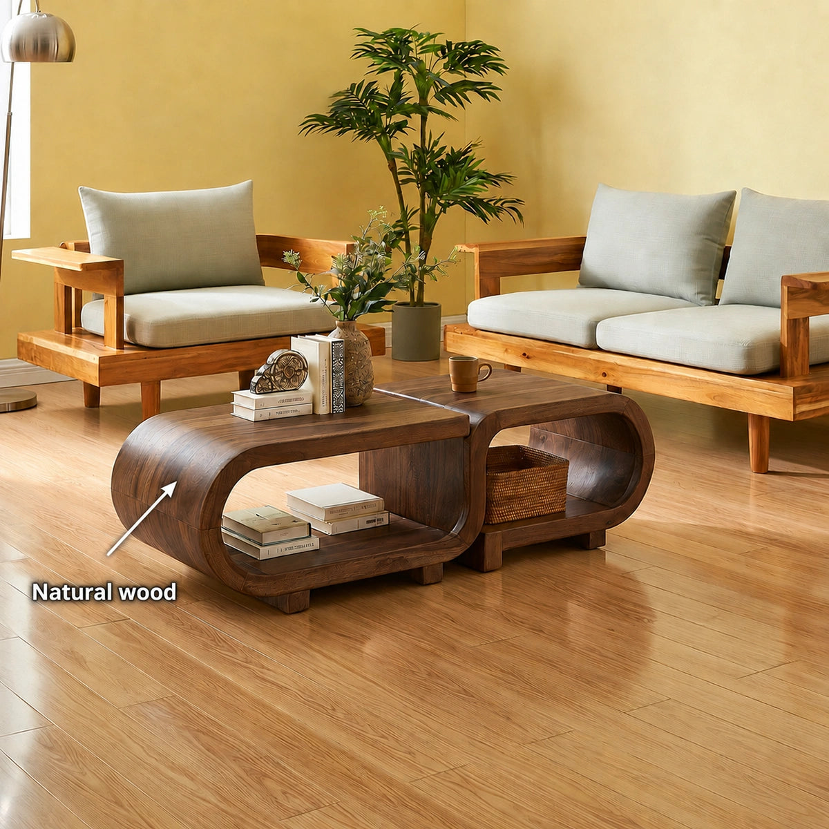 Modern Solid Walnut Nesting Coffee Table Set | Curved Wood Coffee Tables with Open Storage - Livewoodcraft - 10