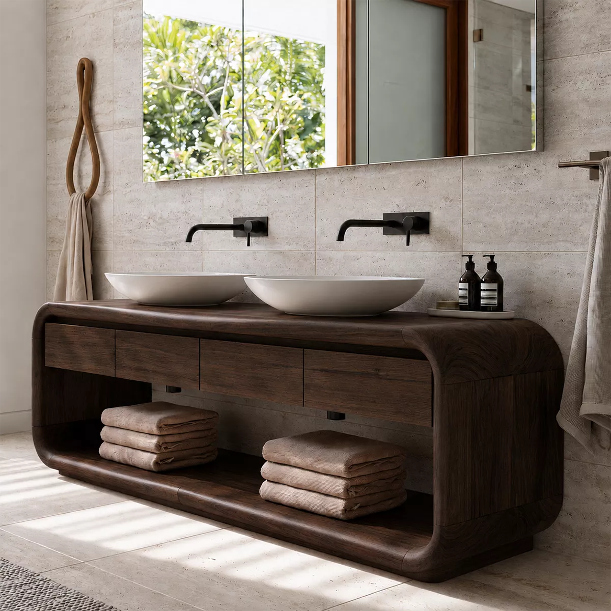 Natural Solid Wood Bathroom Vanity with Four Drawers and Open Shelves Traditional - Livewoodcraft - 10