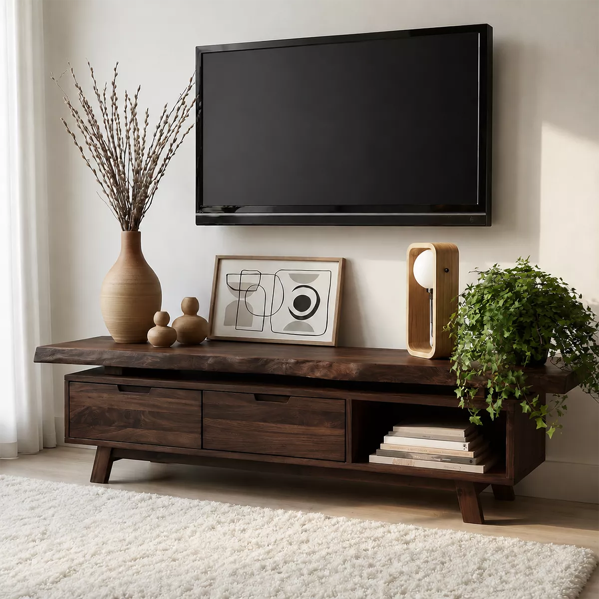 Natural Solid Wood TV Stand with Two Drawers Open Shelf Japandi Design - Livewoodcraft - 10