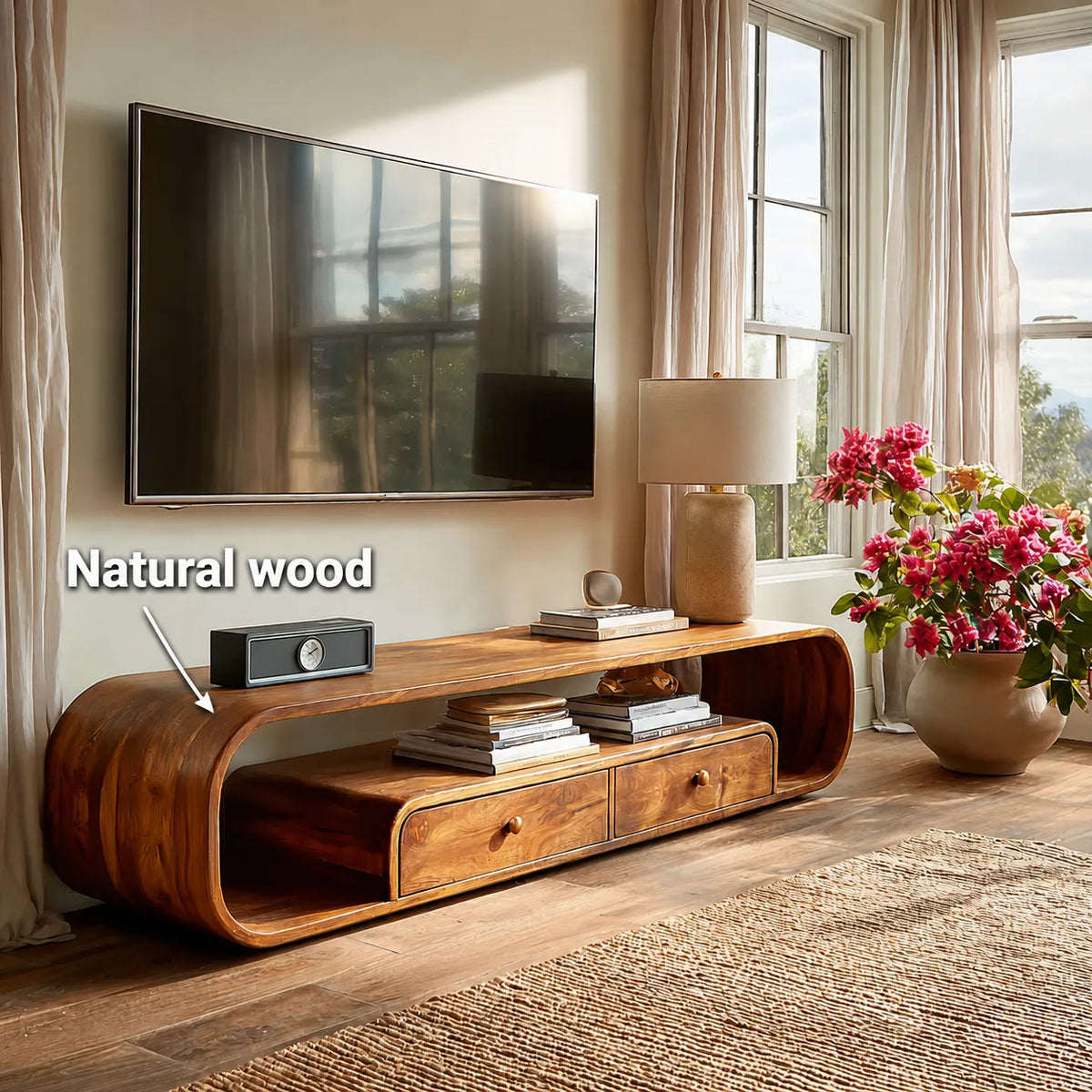 Rounded Natural Solid Wood TV Stand with Open Shelves and Drawers - Livewoodcraft - 7360 - 11