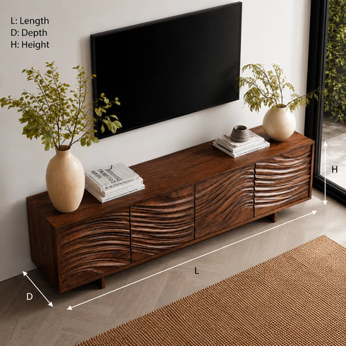 Artisan Wave Natural Solid Wood TV Stand with Sculpted Storage Doors