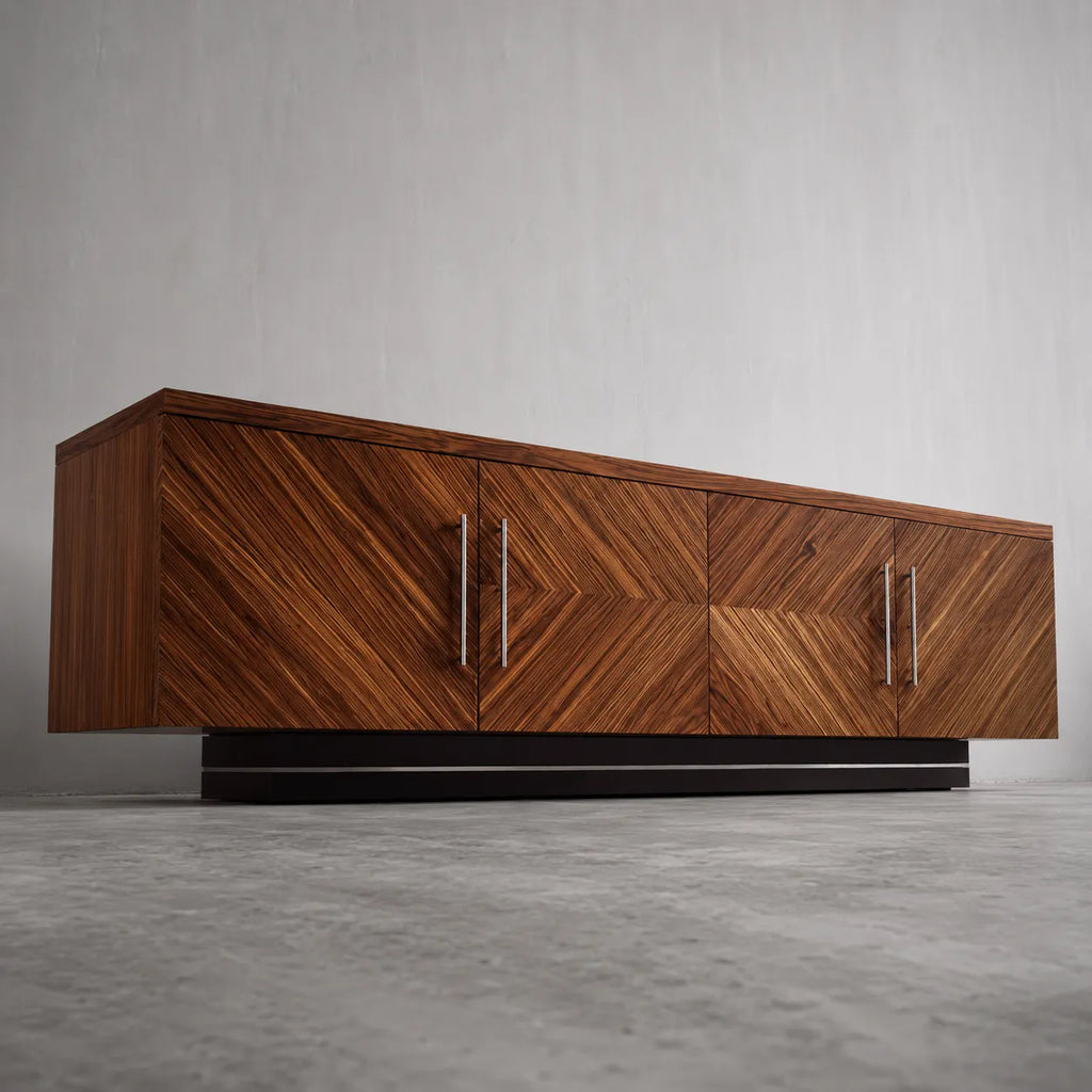 Geometric Natural Solid Wood TV Stand with Chevron Door Design