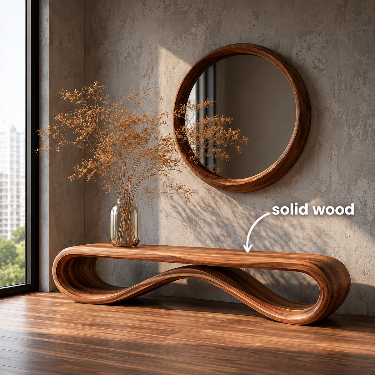 Sculptural Wave Wood Bench – Organic Natural Wood Entryway Bench for Modern Interior