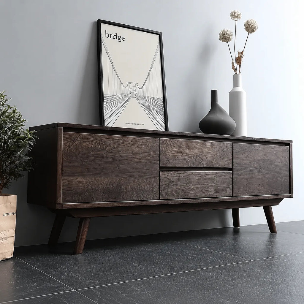 Mid Century Natural Solid Wood TV Stand with Drawer and Cabinet Storage