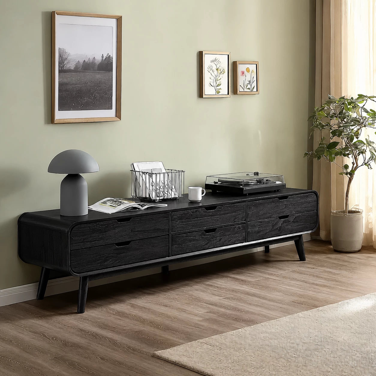 Mid Century Natural Solid Wood TV Stand with Six Drawer Storage