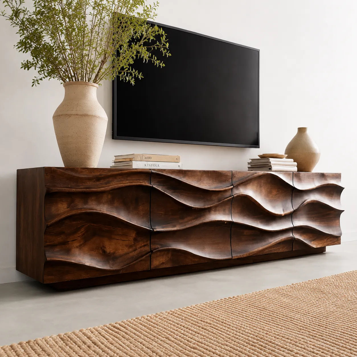 Sculpted Wave Natural Solid Wood TV Stand with Eight Drawer Storage
