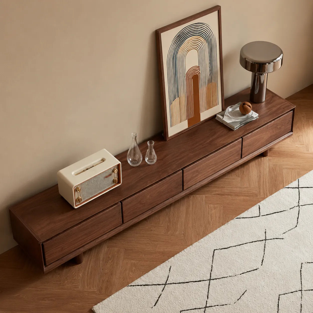 Modern Natural Solid Wood TV Stand with Four Drawer Storage Design