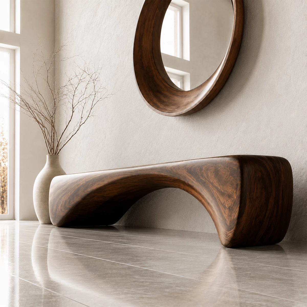 Organic Curved Wood Bench – Natural Wood Entryway Bench for Modern Interior