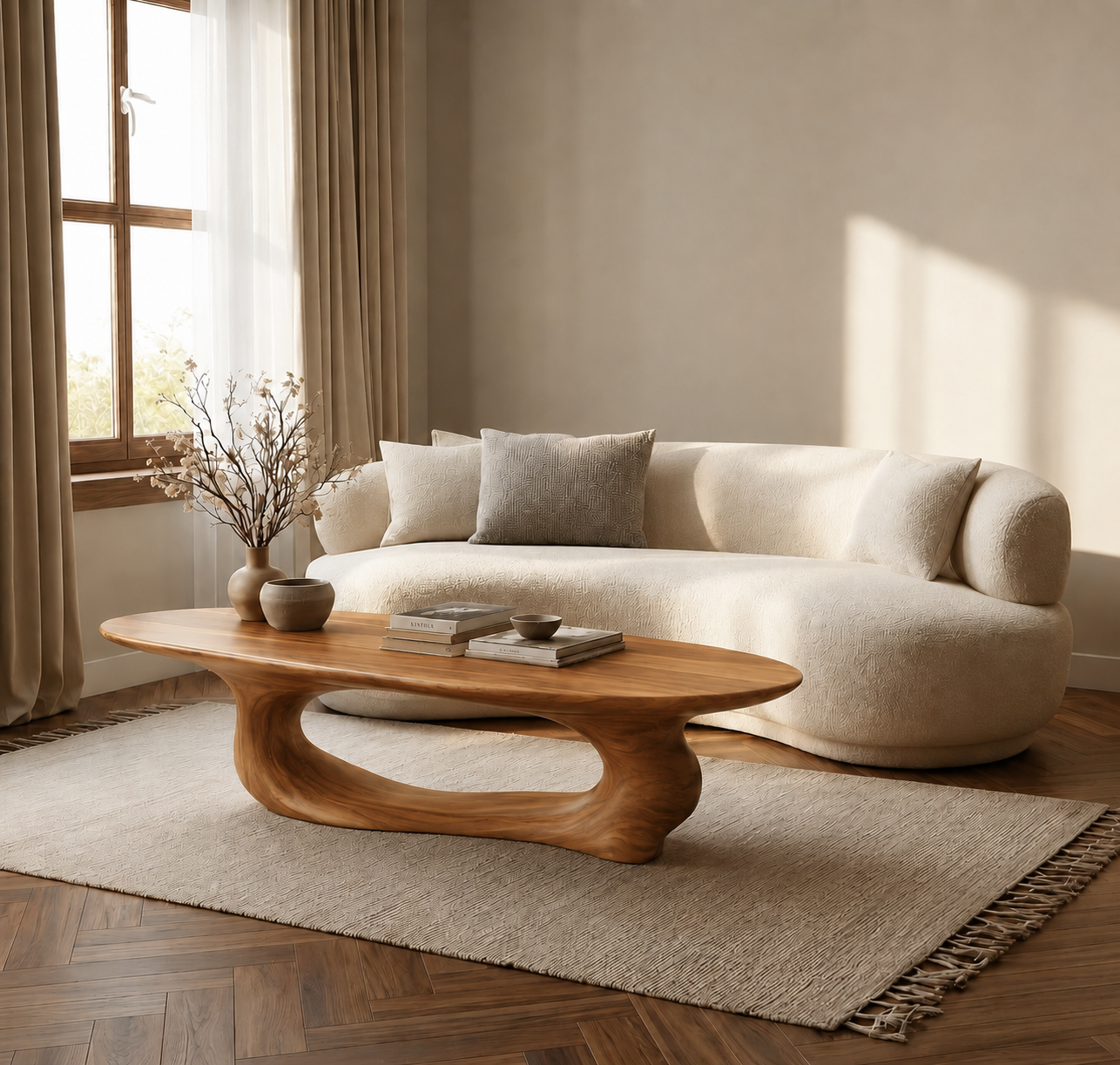 Organic Wave Wood Coffee Table – Sculptural Natural Wood Center Table for Modern Living Room