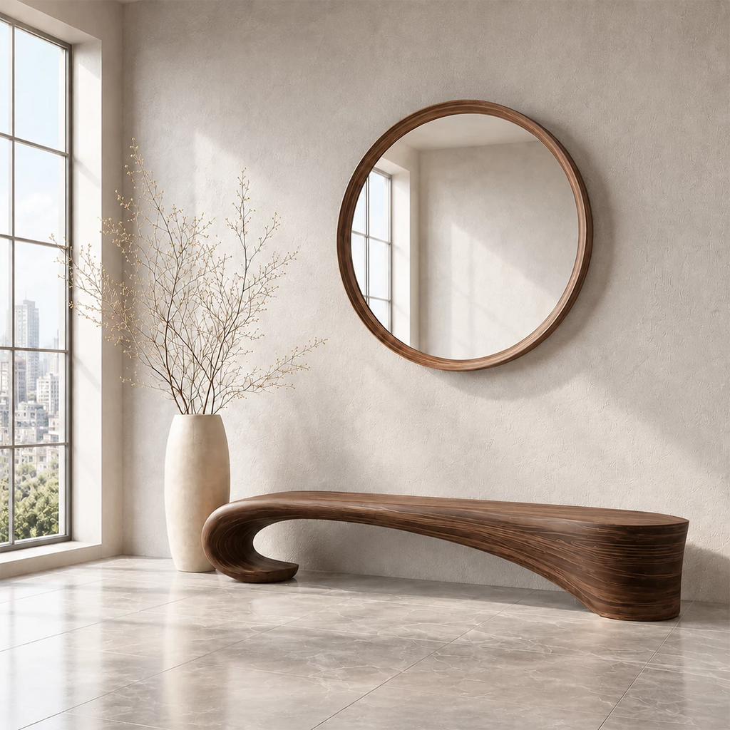 Sculptural Wave Wood Bench – Organic Natural Wood Entryway Bench for Modern Interior