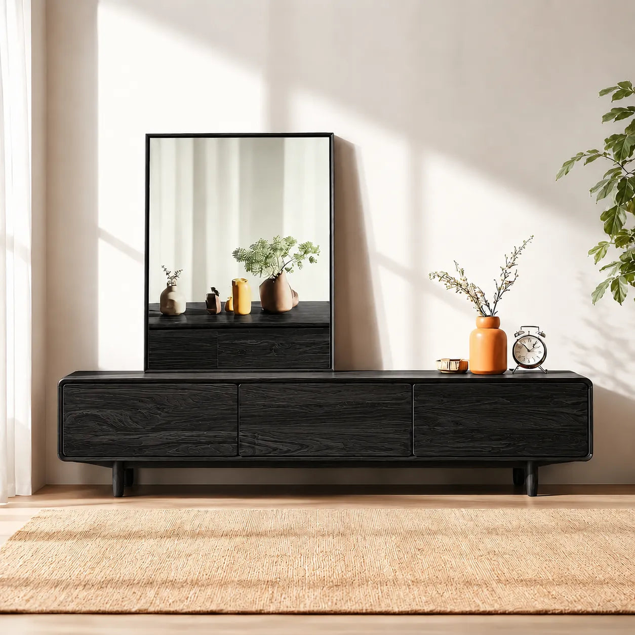 Contemporary Natural Solid Wood TV Stand with Concealed Storage