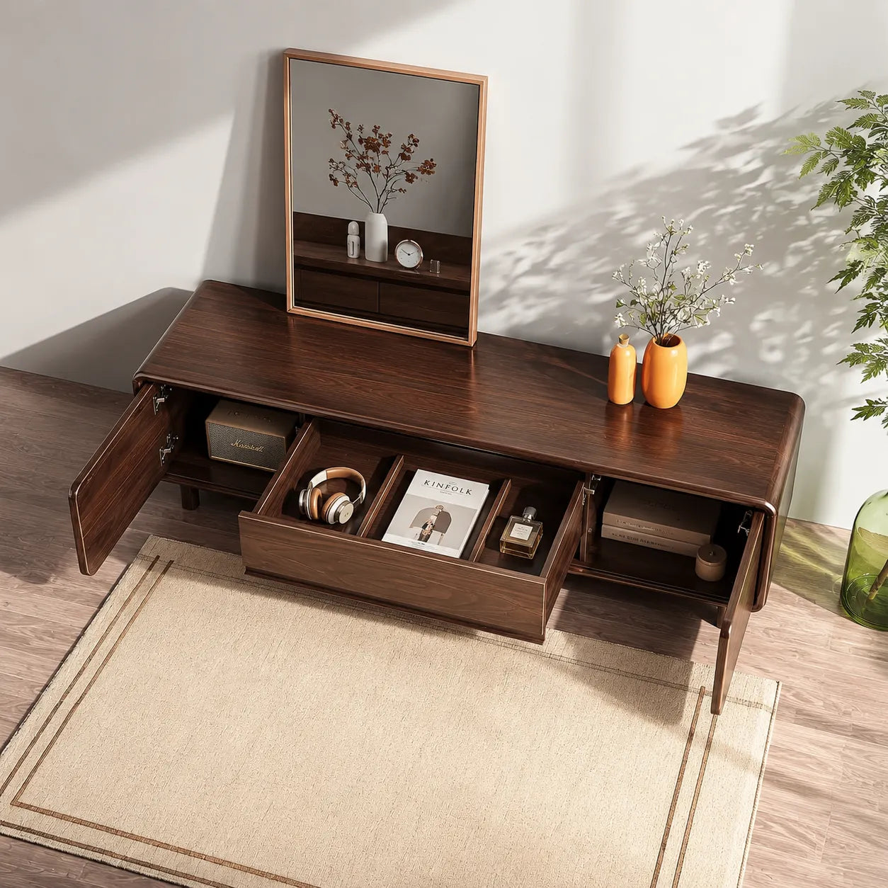Rounded Natural Solid Wood TV Stand with Wide Drawer Storage Design