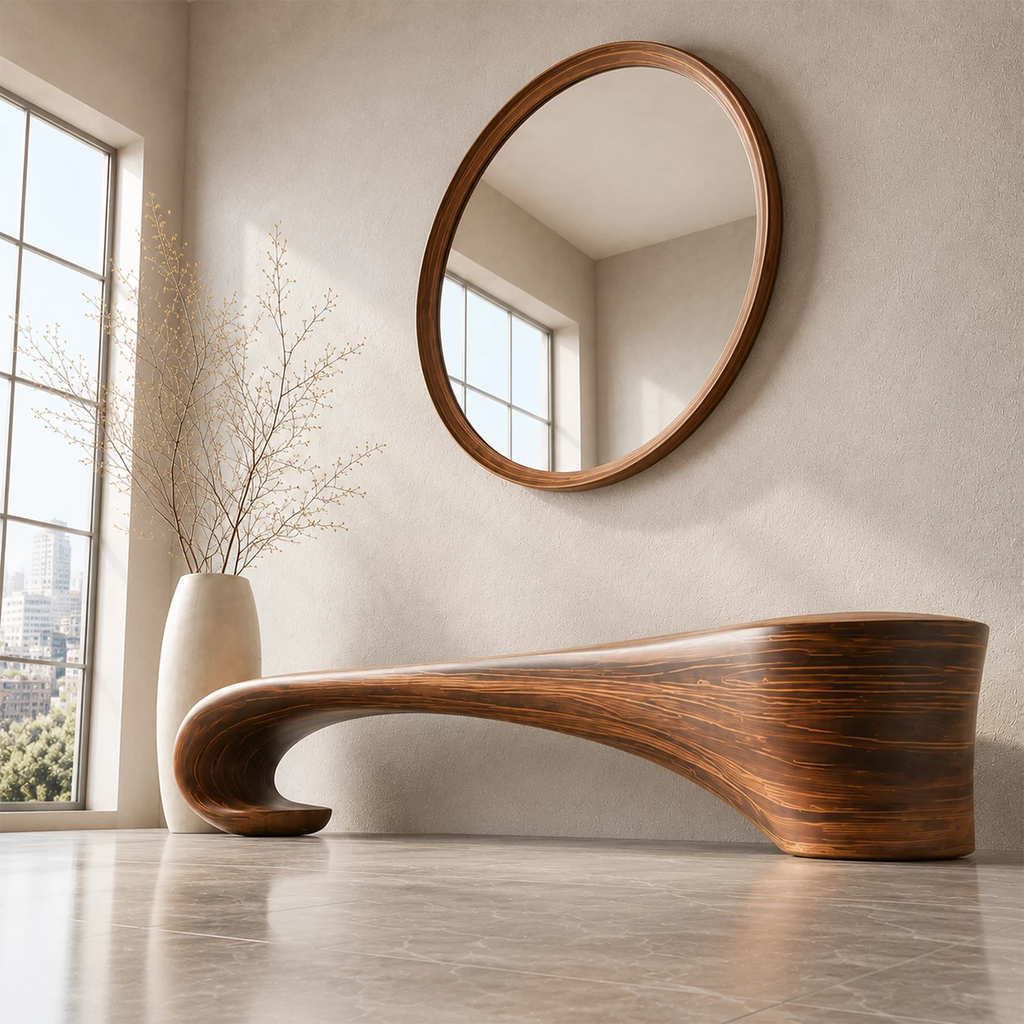 Sculptural Wave Wood Bench – Organic Natural Wood Entryway Bench for Modern Interior
