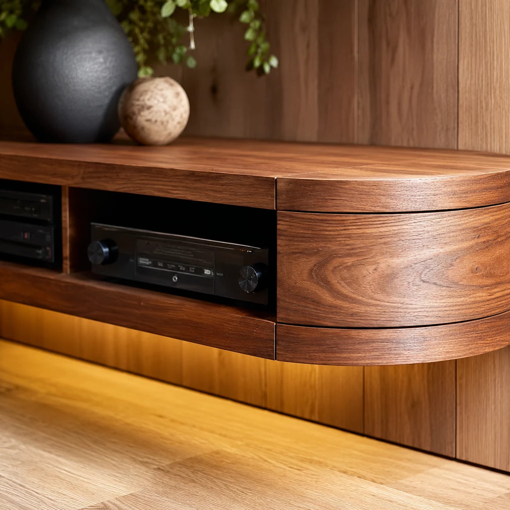 Wall Mounted Natural Solid Wood TV Stand with Open Media Storage Design