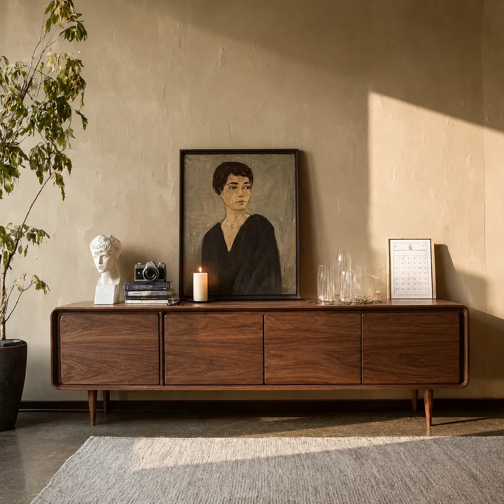 Low Profile Natural Solid Wood TV Stand with Rounded Four Door Storage