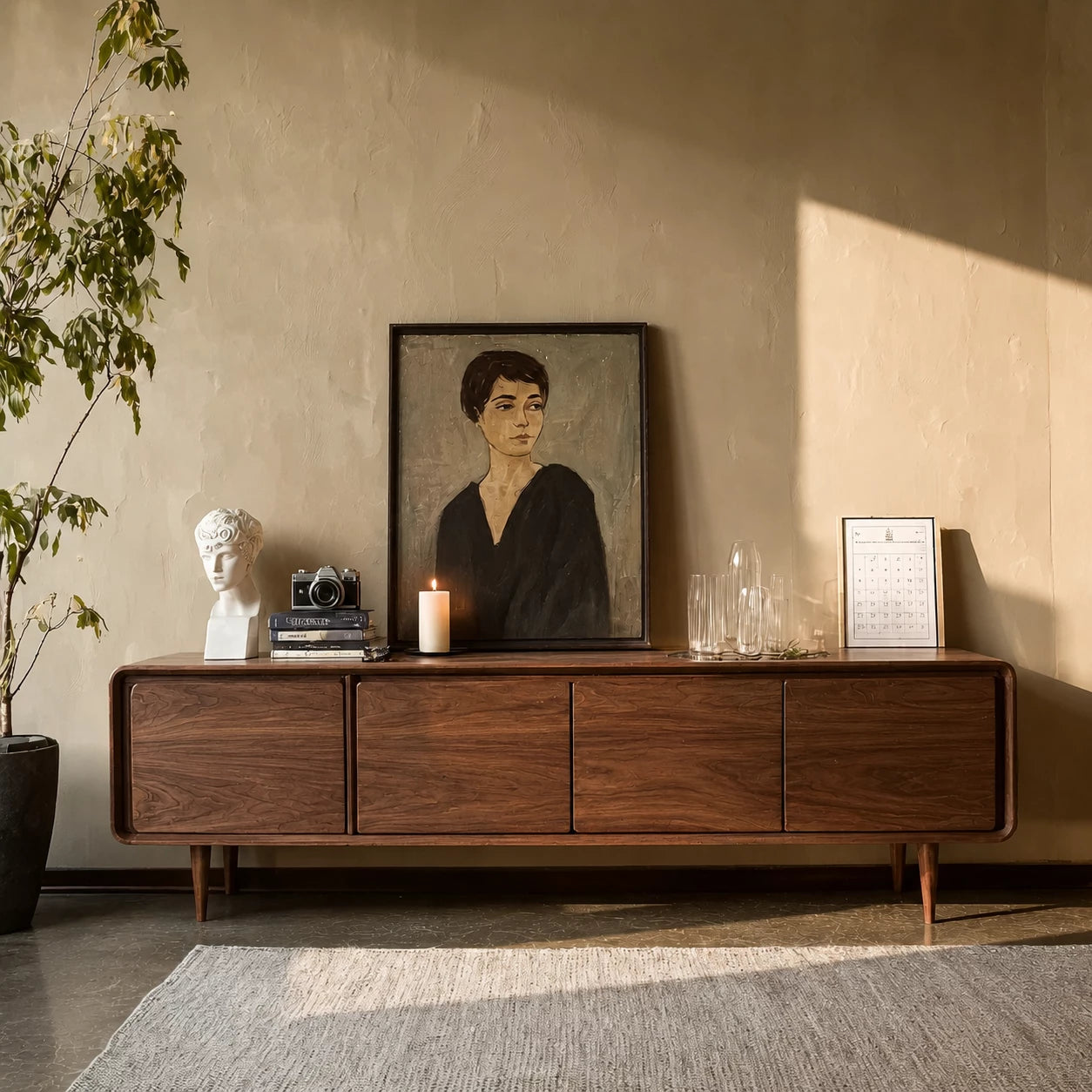 Low Profile Natural Solid Wood TV Stand with Rounded Four Door Storage