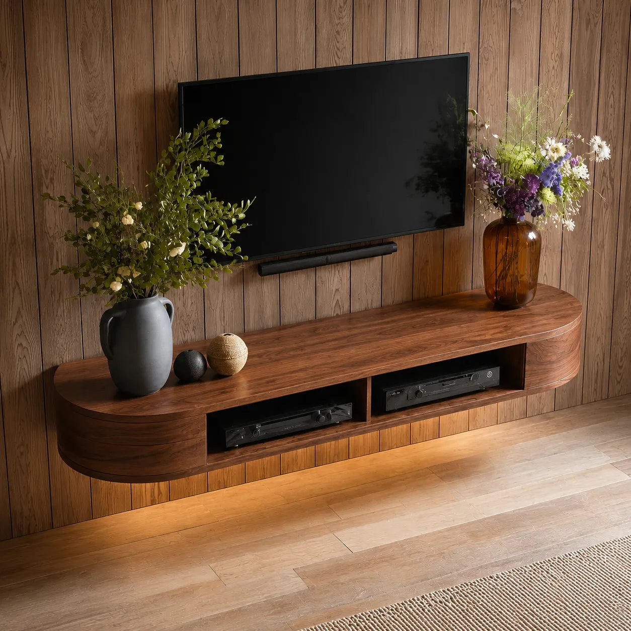 Floating Wall Mounted TV Stand with Rounded Edge Design