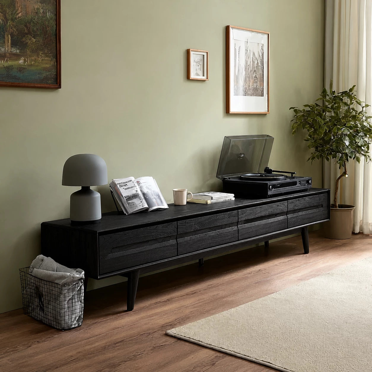 Low Profile Natural Solid Wood TV Stand with Tapered Legs and Drawers