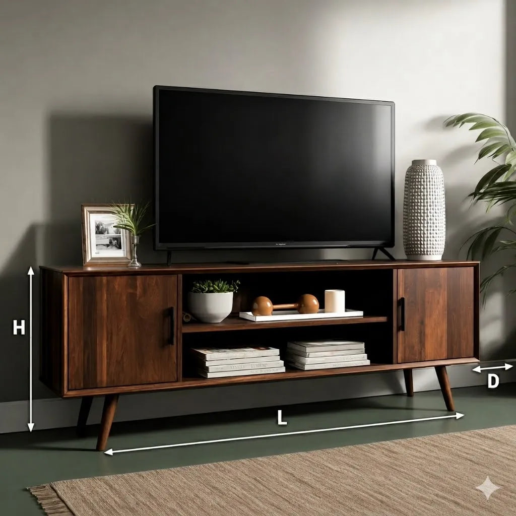 Mid Century Modern TV Stand with Cabinet Storage and Open Shelves