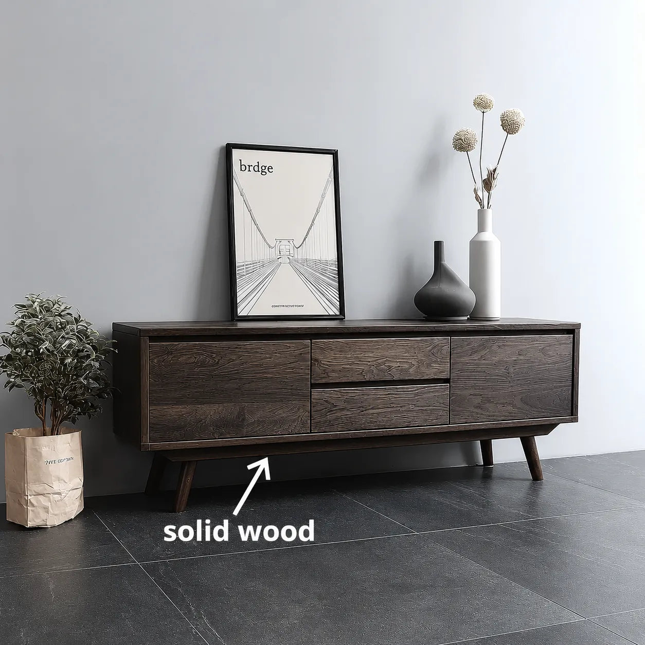 Mid Century Natural Solid Wood TV Stand with Drawer and Cabinet Storage