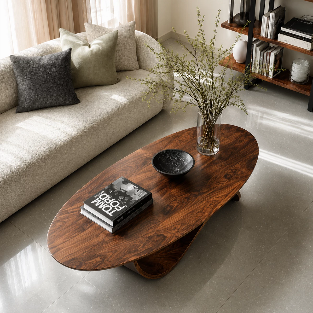 Oval Sculptural Coffee Table Crafted from Natural Solid Wood