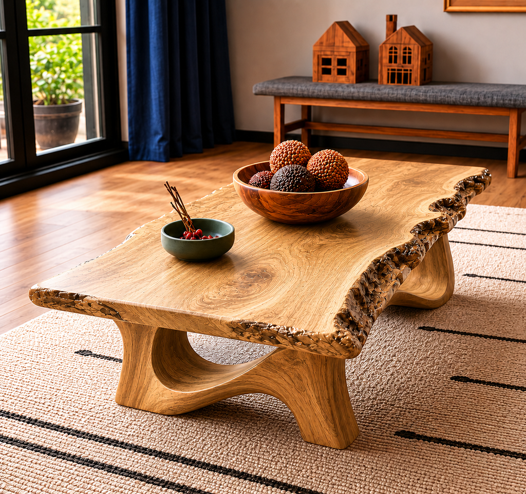 Live Edge Natural Solid Wood Coffee Table with Sculptural Base