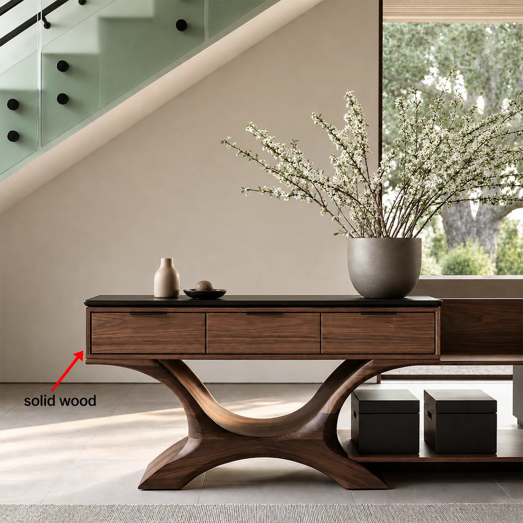 Natural Solid Wood Console Table with Three Drawers Sculptural Modern Style