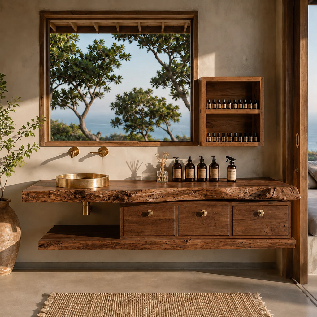 Live Edge Floating Bathroom Vanity With Solid Wood Drawers & Open Shelf