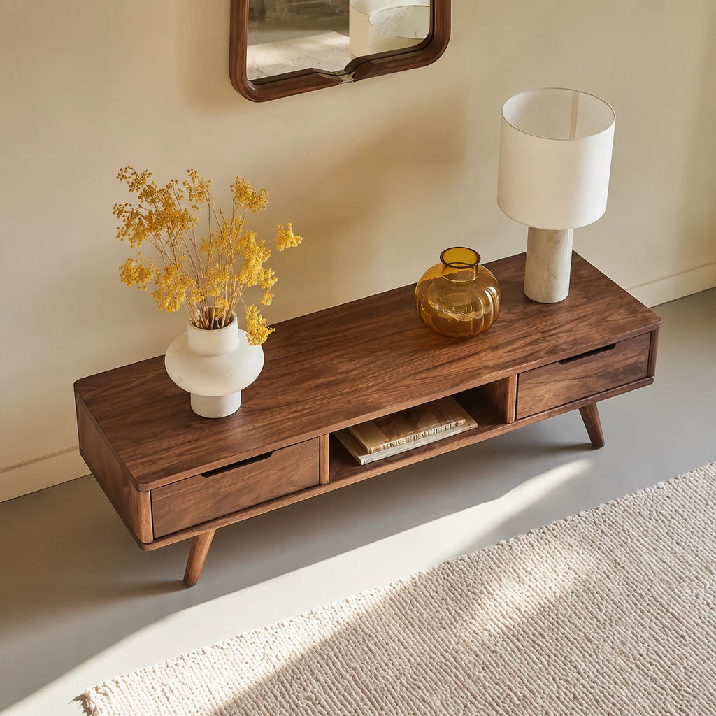 Mid Century Natural Solid Wood TV Stand with Open Shelf Storage