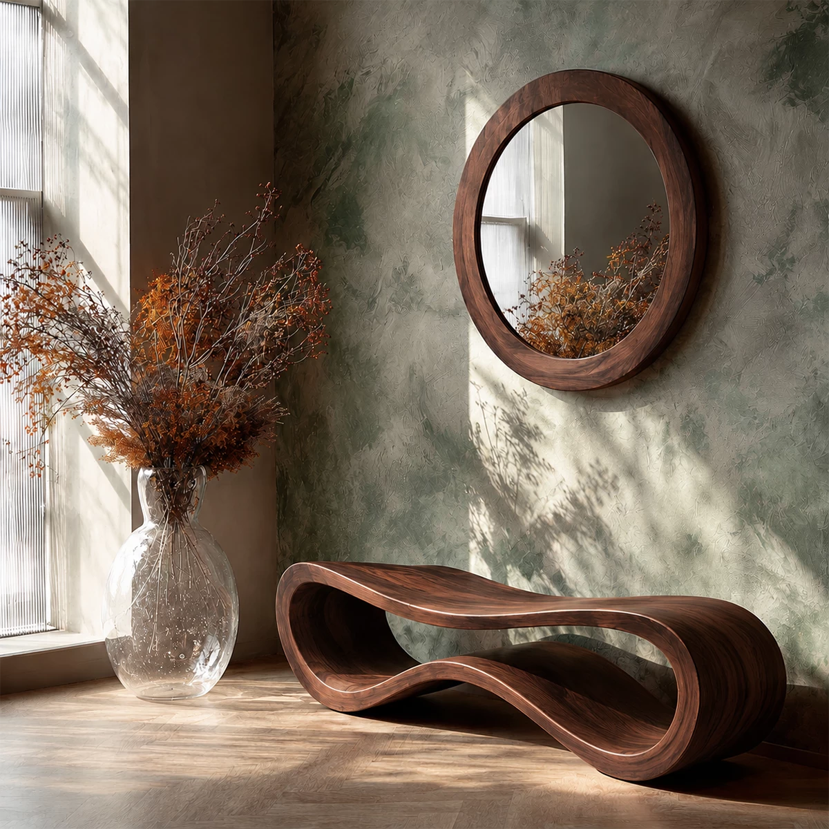 Sculptural Wave Wood Bench – Organic Natural Wood Entryway Bench for Modern Interiors