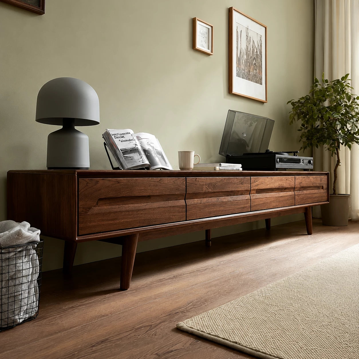 Low Profile Natural Solid Wood TV Stand with Tapered Legs and Drawers