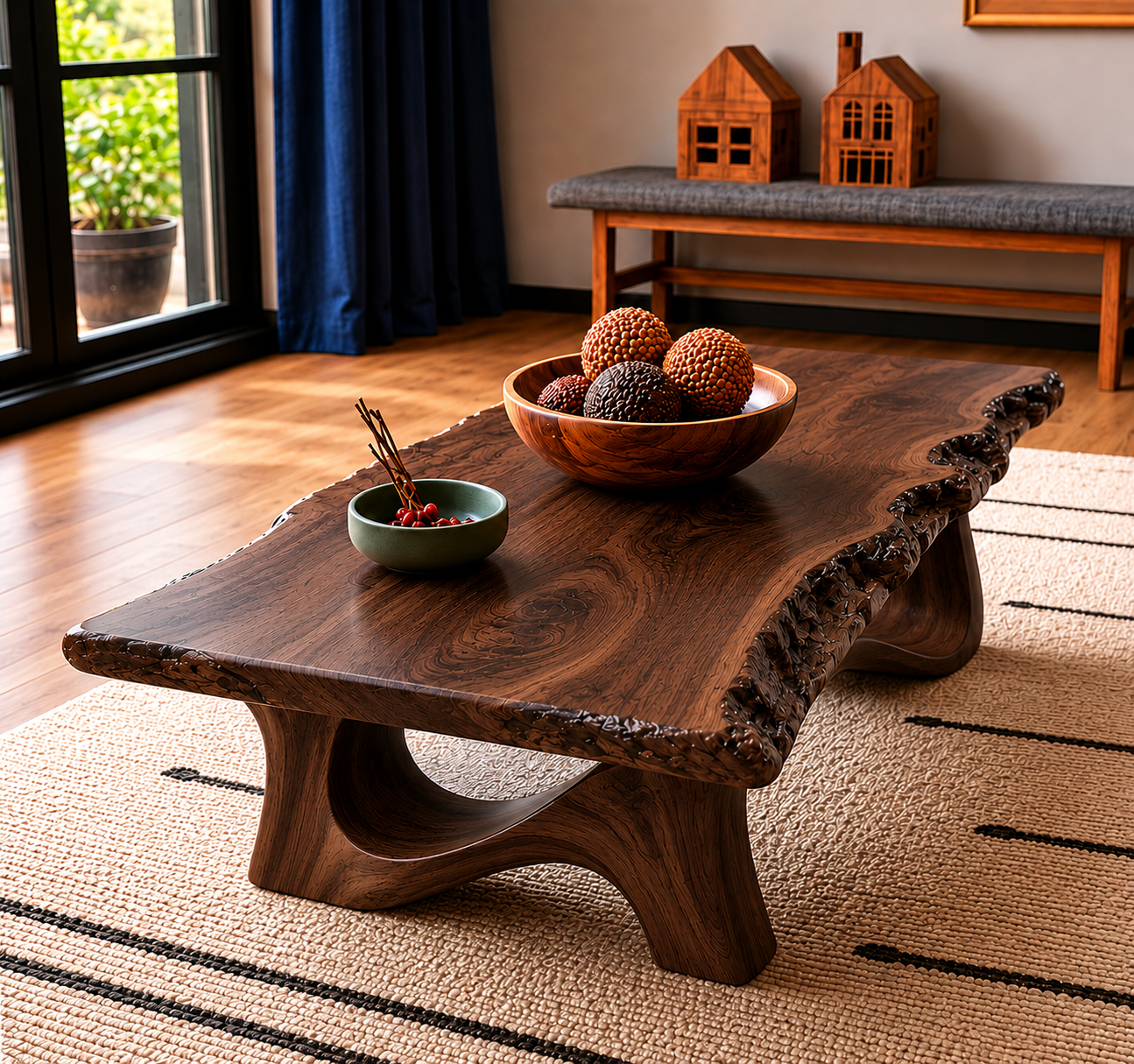 Live Edge Natural Solid Wood Coffee Table with Sculptural Base