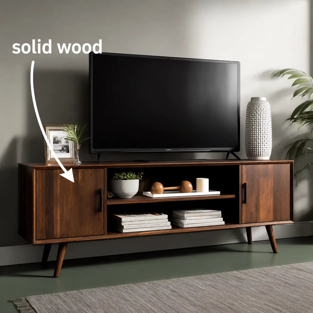 Mid Century Modern TV Stand with Cabinet Storage and Open Shelves