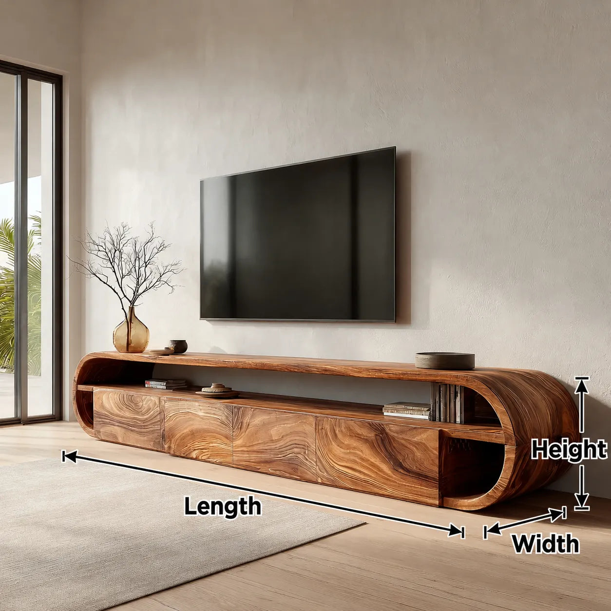 Curved Edge Natural Solid Wood TV Stand with Open Shelf Storage