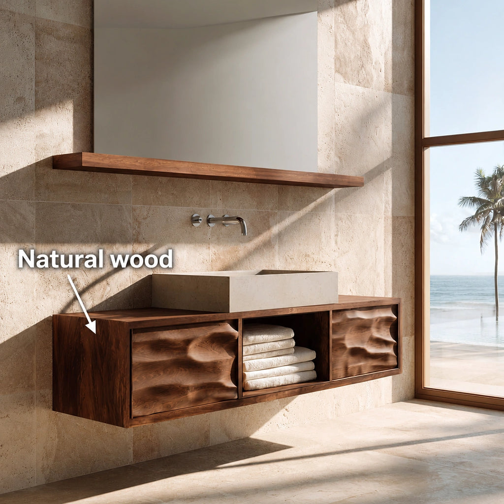 Natural Solid Wood Bathroom Cabinet with 2 Doors and Open Shelf