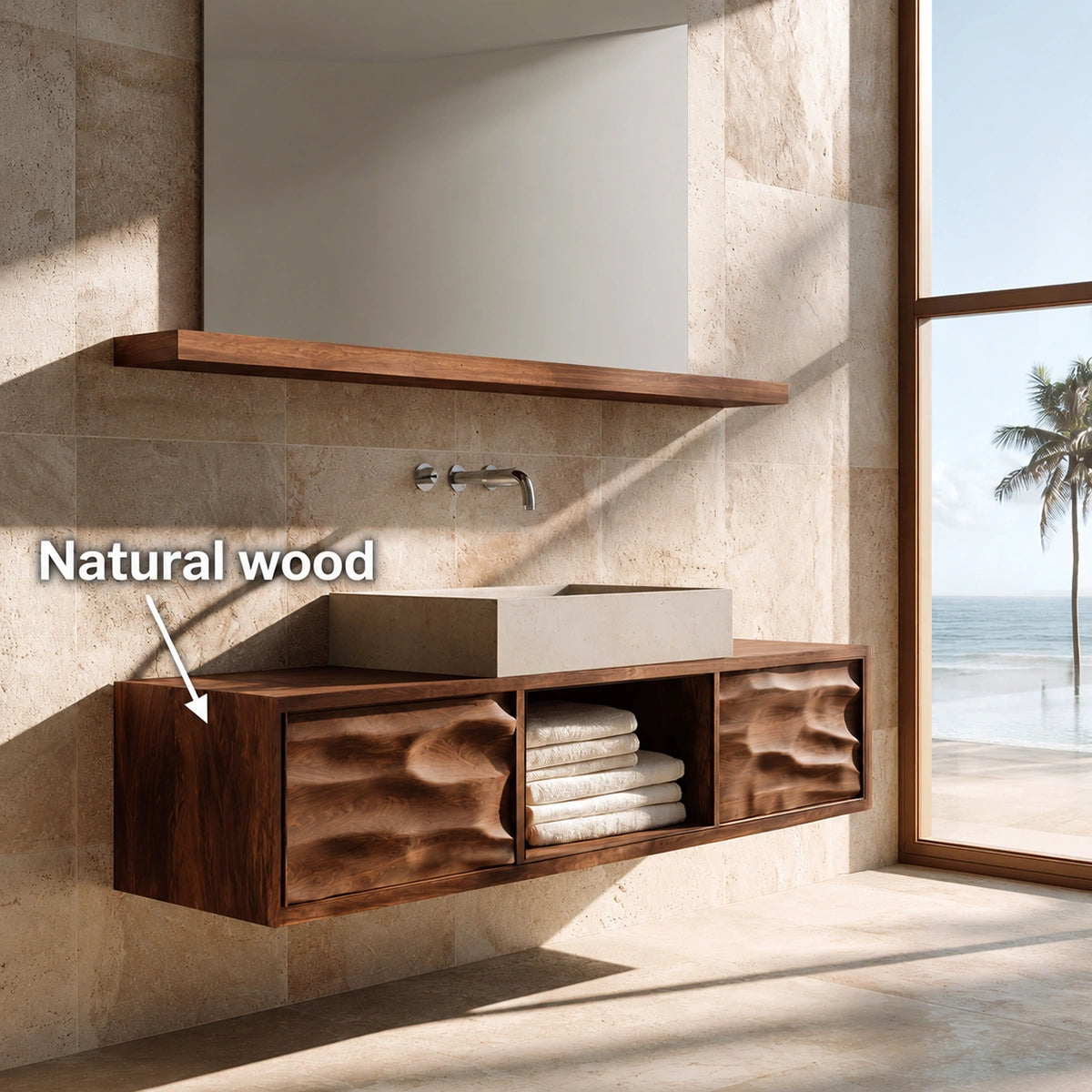Natural Solid Wood Bathroom Cabinet with 2 Doors and Open Shelf