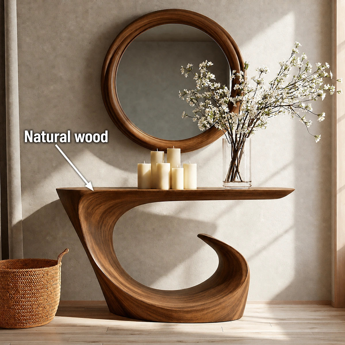 Wave Form Natural Solid Wood Console Table for Modern Entryways