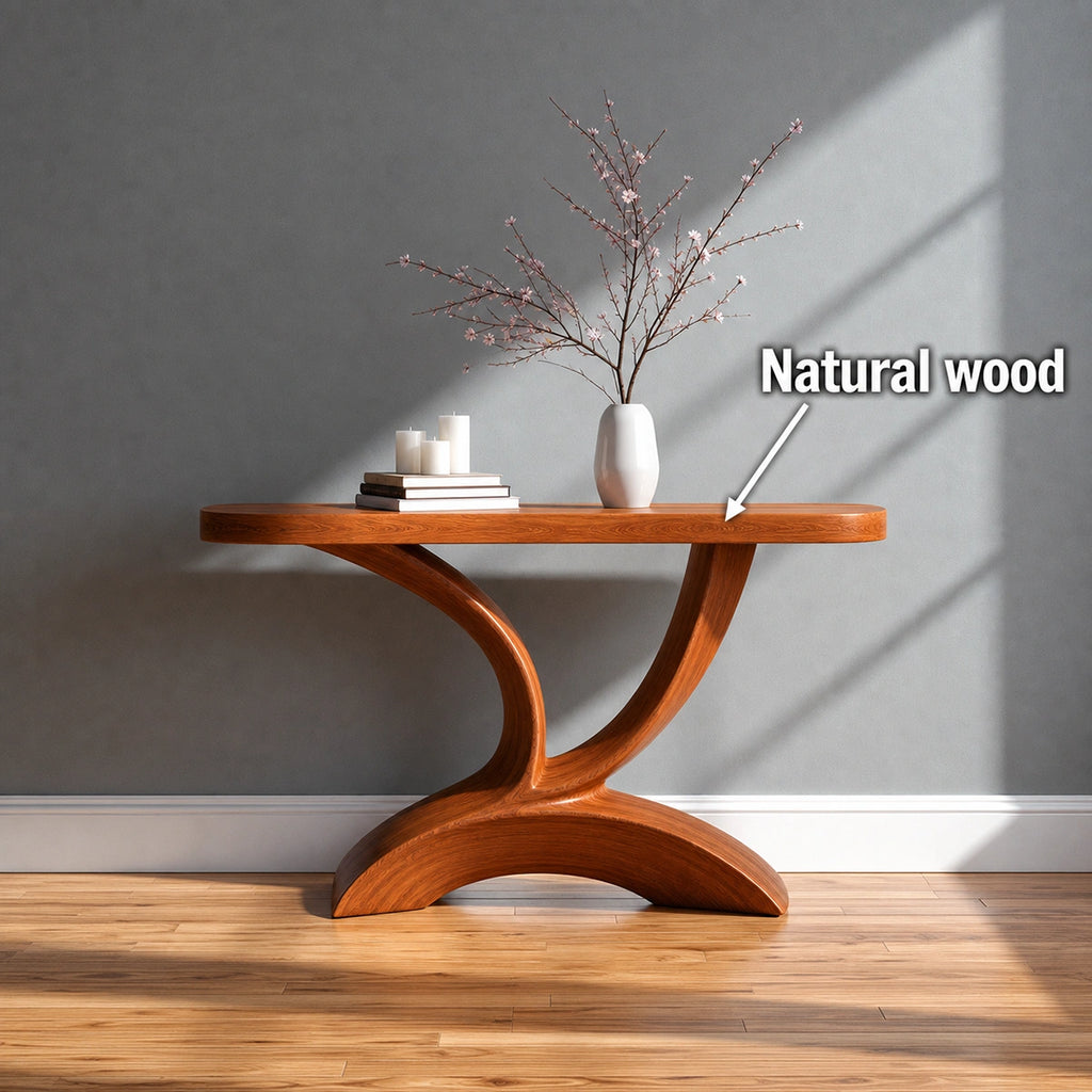 Sculptural Natural Solid Wood Console Table with Curved Pedestal Base