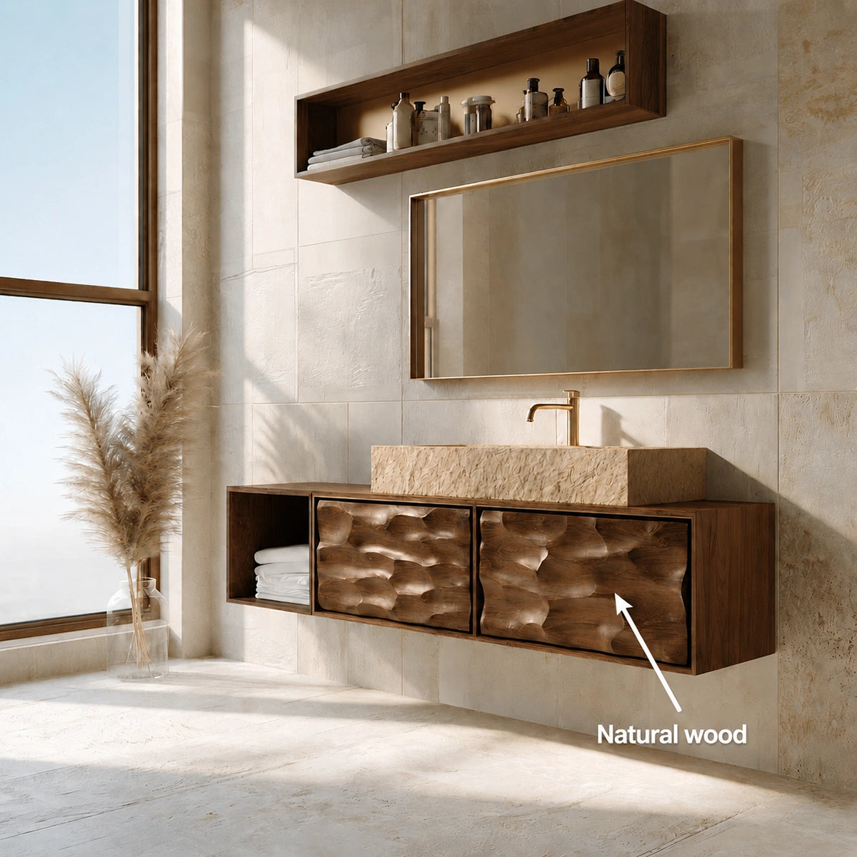 Natural Solid Wood Bathroom Cabinet with Side Shelf and 2 Doors