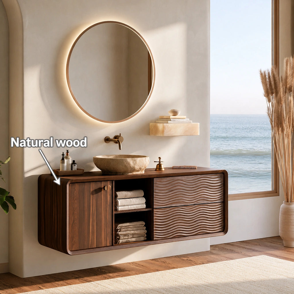 Natural Solid Wood Double Bathroom Vanity with 2 Drawers and Open Shelves