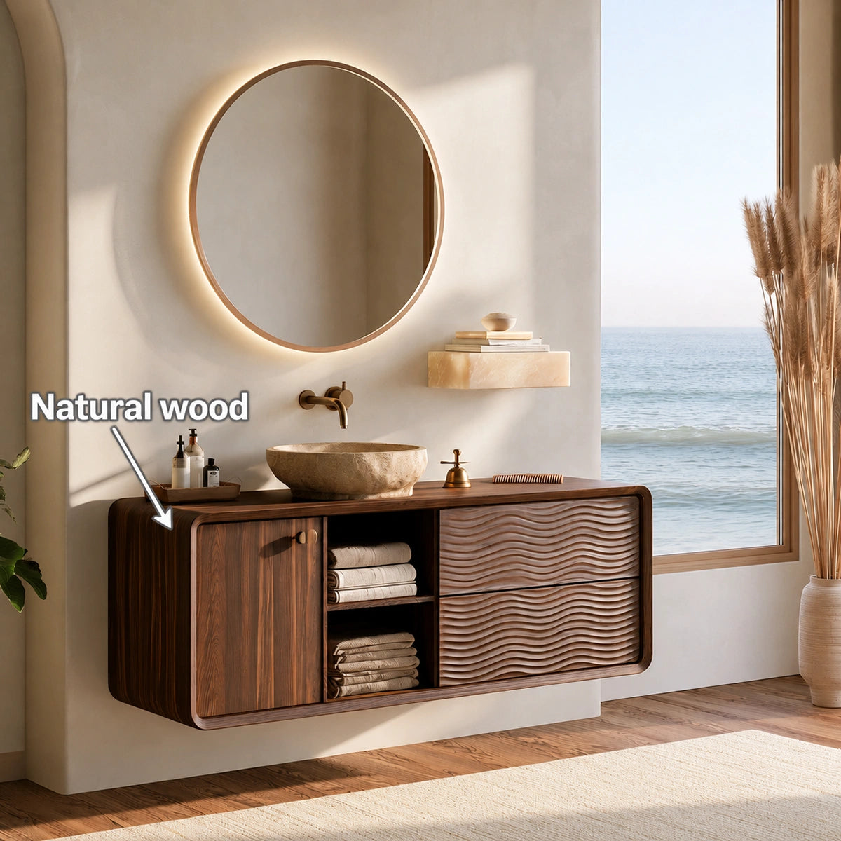 Natural Solid Wood Double Bathroom Vanity with 2 Drawers and Open Shelves