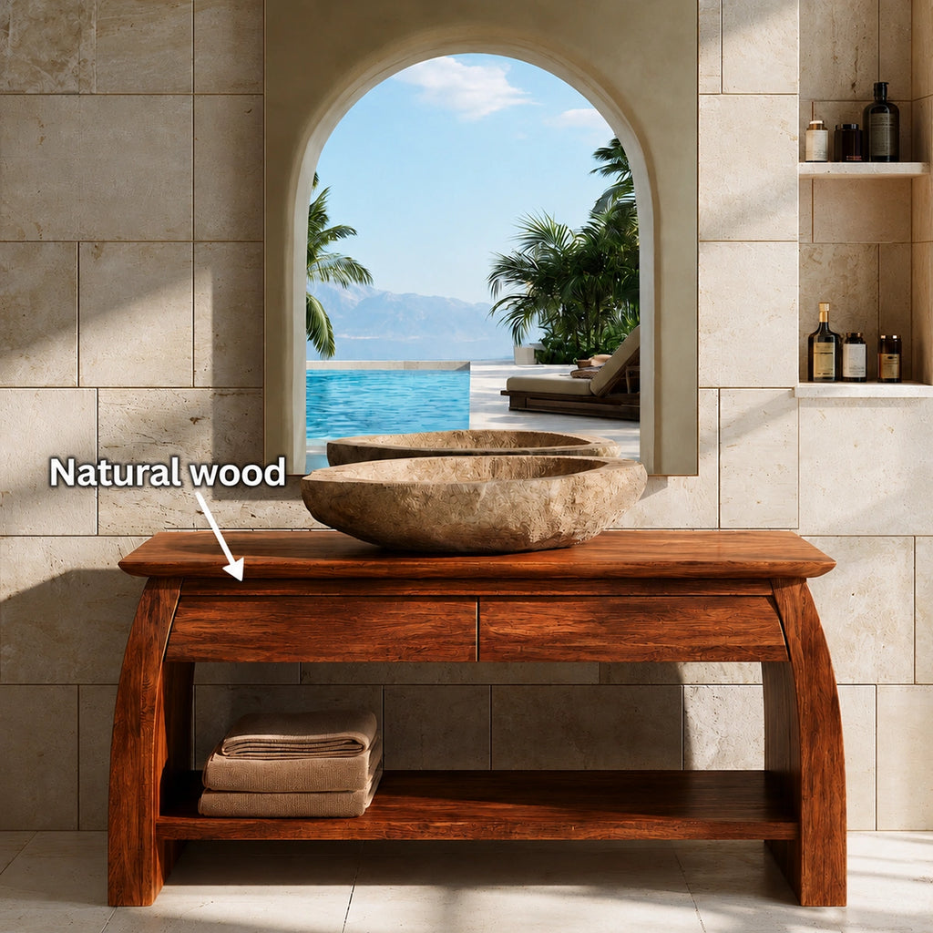 Natural Solid Wood Double Bathroom Vanity with 2 Drawers and Open Shelf