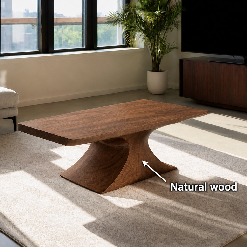 Natural Solid Wood Coffee Table – Sculptural Pedestal Modern Style