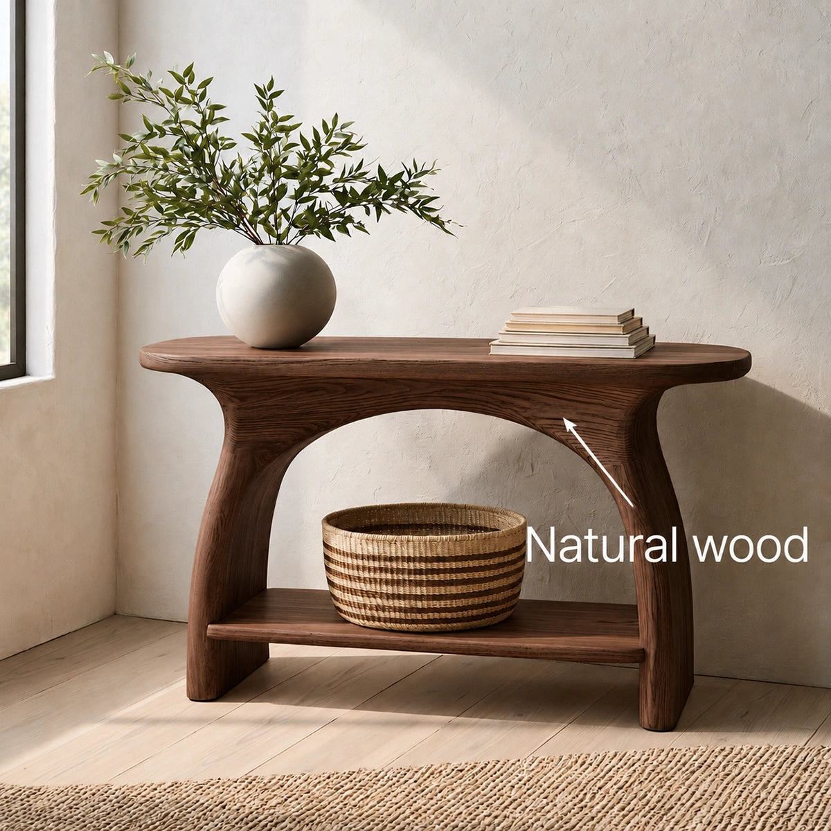 Natural Solid Wood Console Table with Sculptural Arch Base and Open Shelf