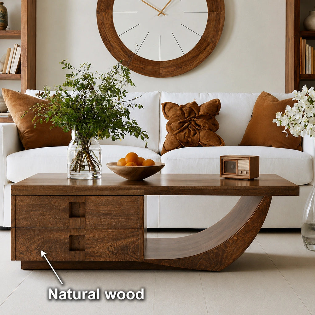Natural Solid Wood Coffee Table – Sculptural Modern Storage Style