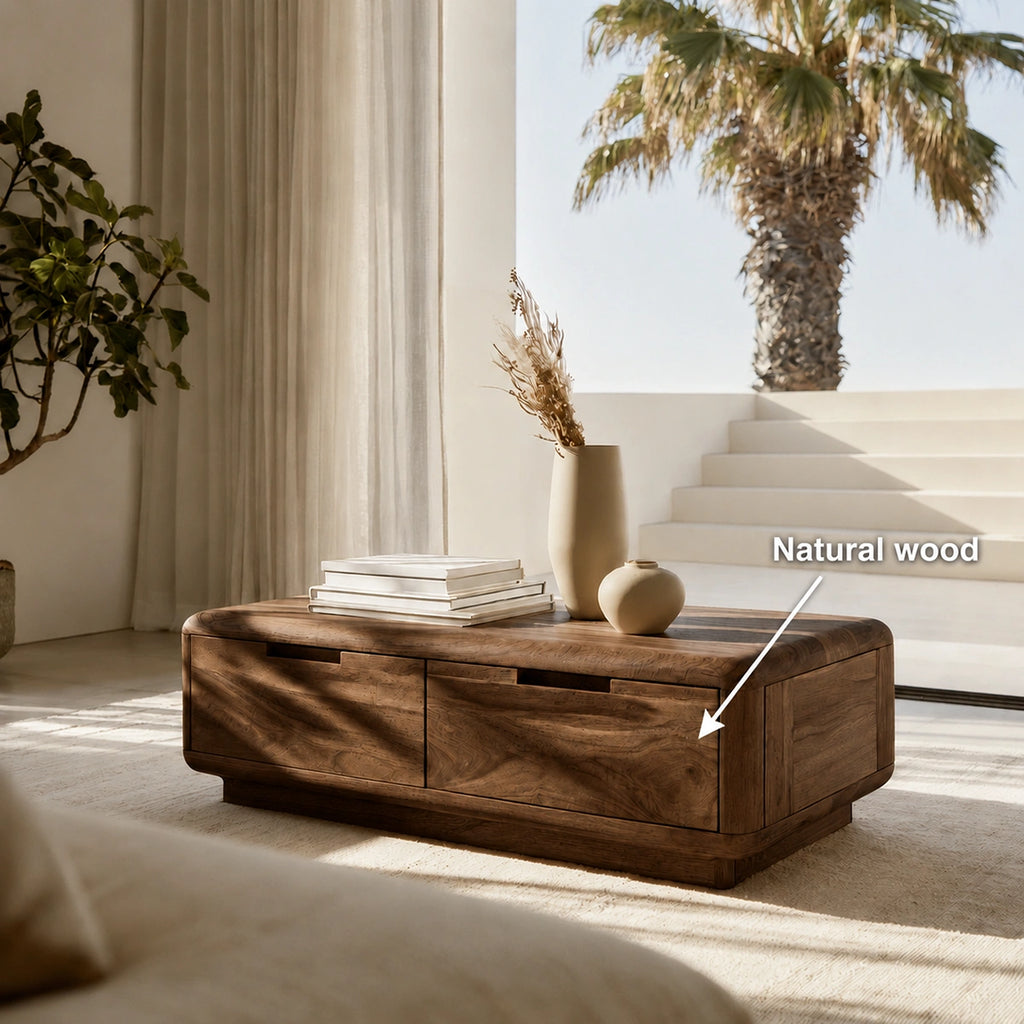 Natural Solid Wood Coffee Table – Rounded Modern Storage Style