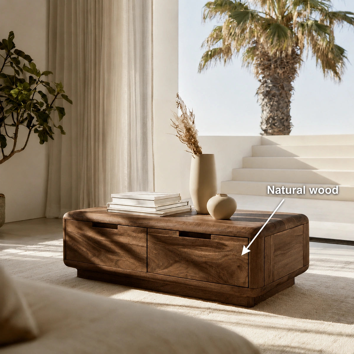 Natural Solid Wood Coffee Table – Rounded Modern Storage Style