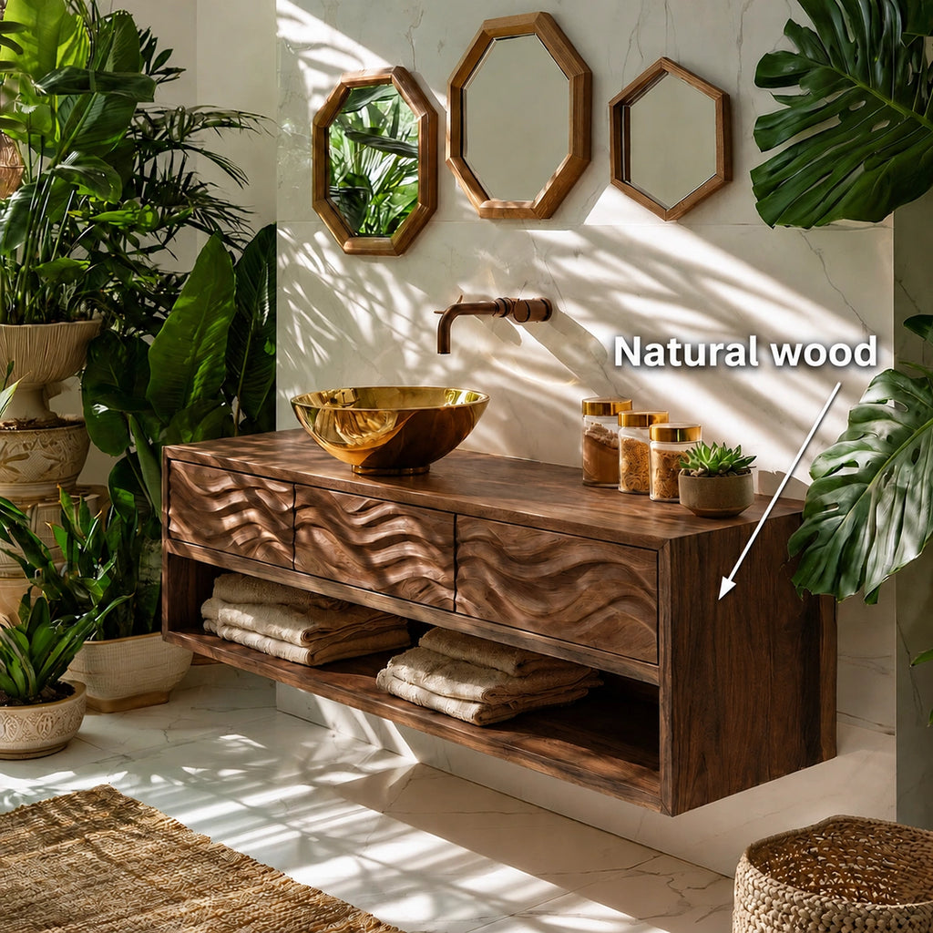 Natural Solid Wood Floating Bathroom Vanity with 3 Drawers and Open Shelf