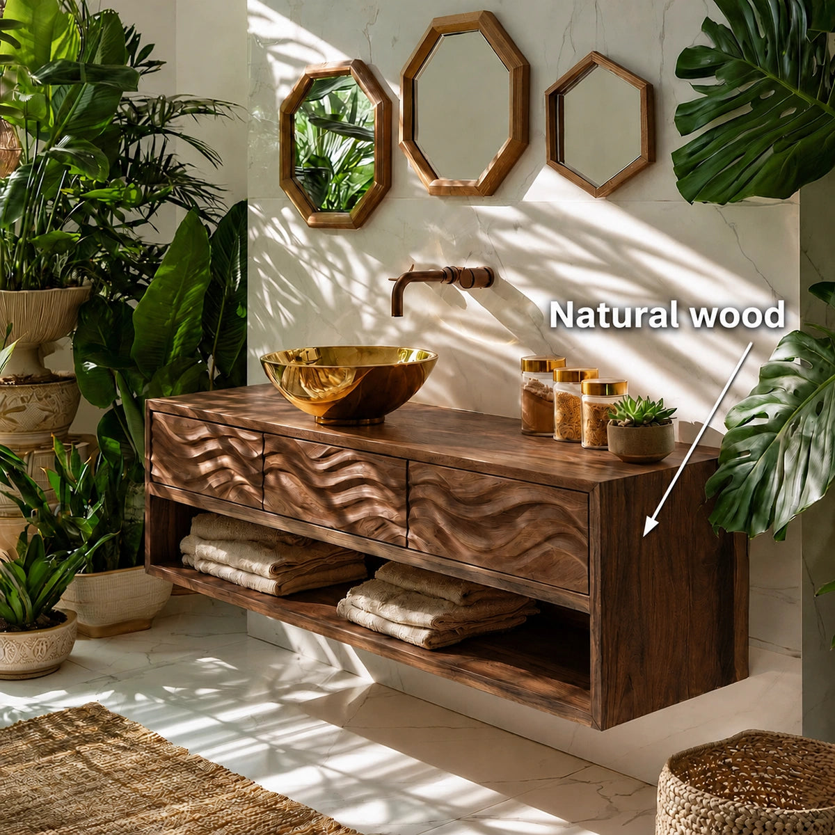 Natural Solid Wood Floating Bathroom Vanity with 3 Drawers and Open Shelf